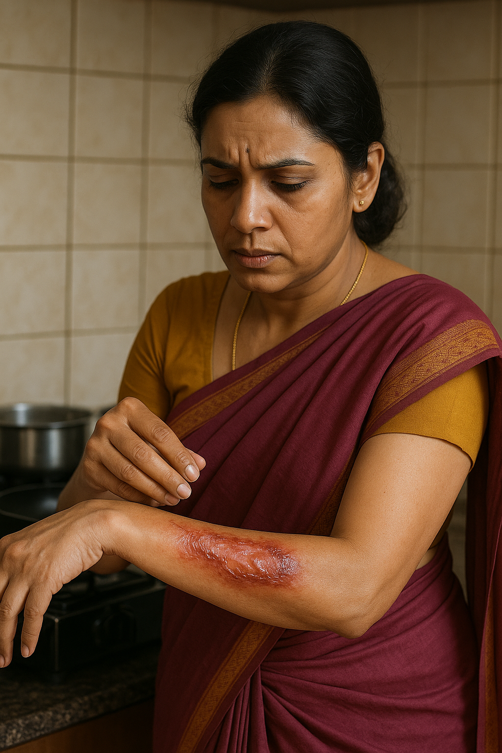 A 40-year-old Indian woman in a magenta saree examining a burn on her forearm while standing in a traditional kitchen.