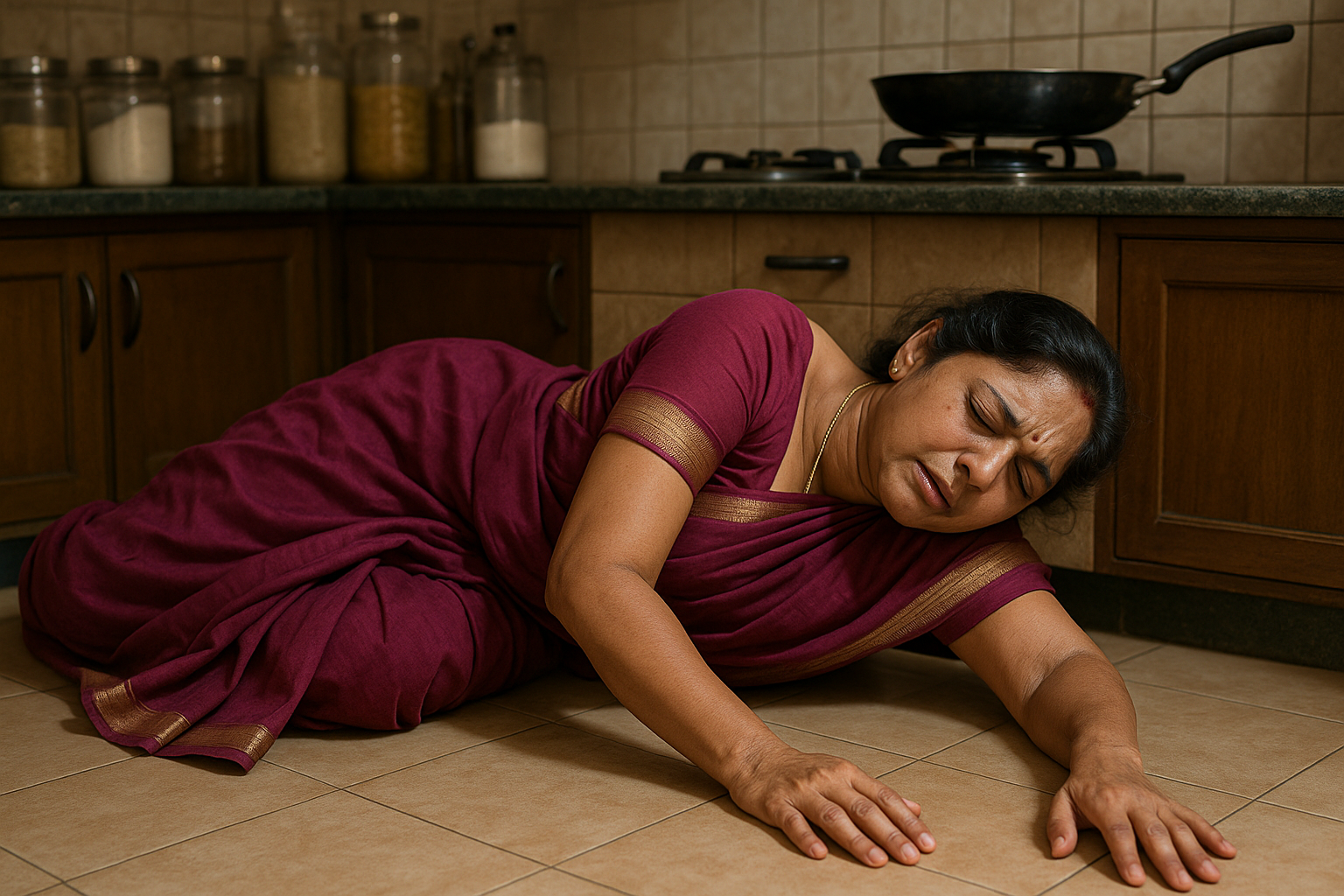 A 40-year-old Indian woman in a magenta saree experiencing an epileptic seizure while lying on the kitchen floor of a traditional Indian home.
