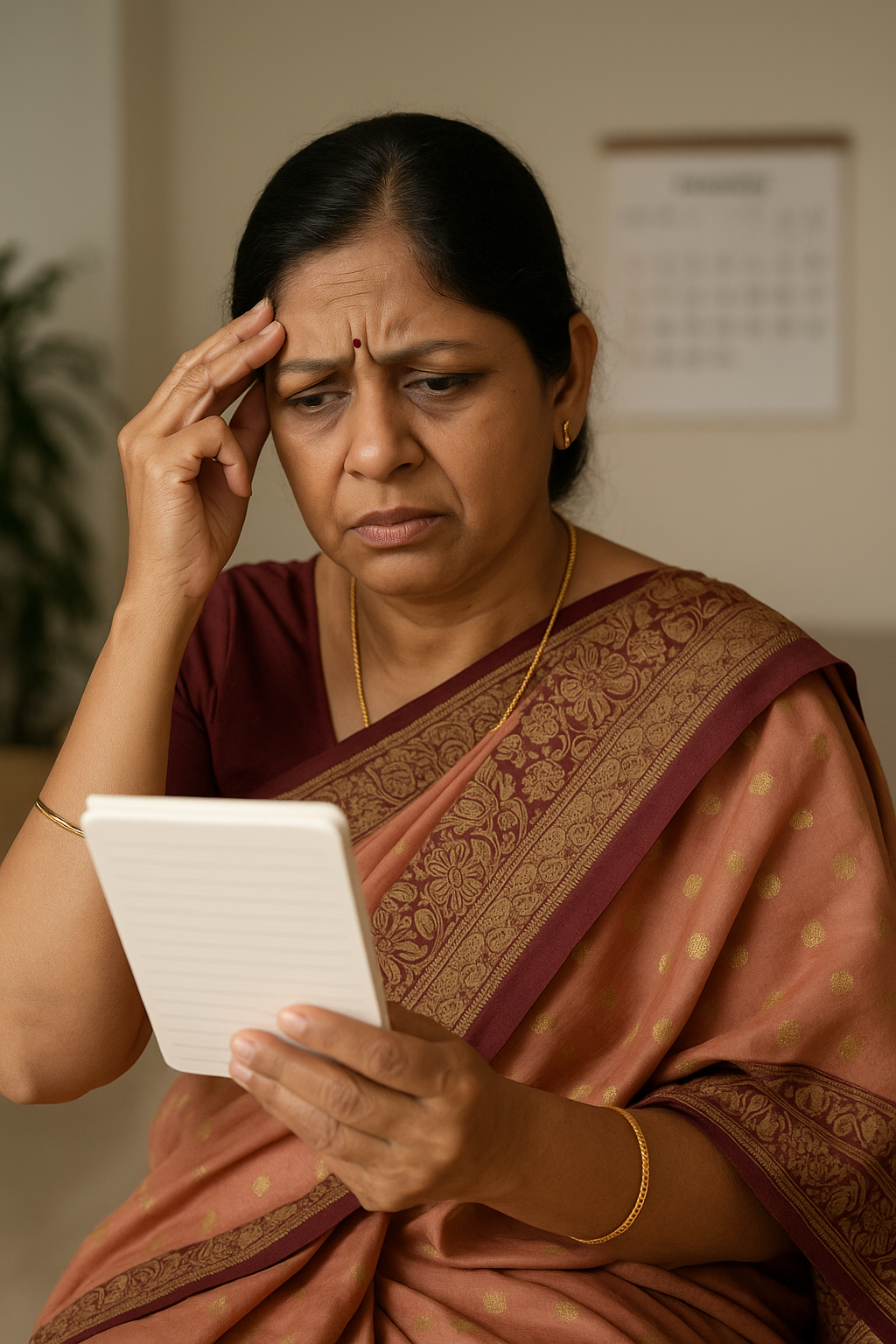 A middle-aged Indian woman in a traditional pink sari sits indoors, holding a notepad and looking confused, symbolizing memory loss.