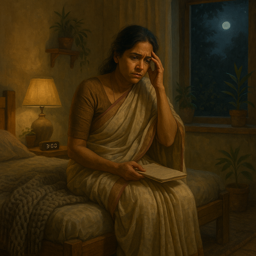 A middle-aged Indian woman in a cream saree sits on the edge of her bed at night, looking exhausted and sleepless, with moonlight streaming in through the window.