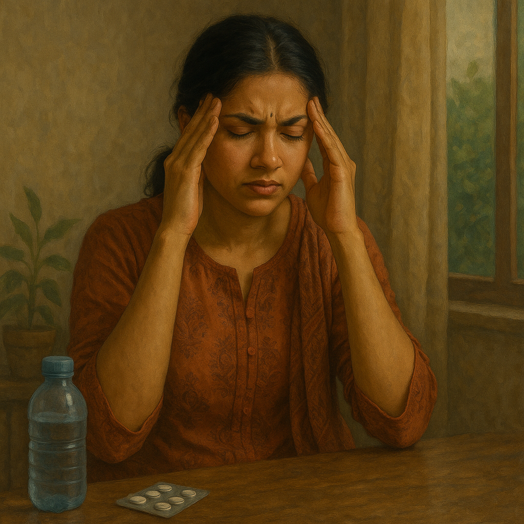 A young Indian woman in a rust-colored kurta sits indoors in natural light, pressing her temples with both hands, showing signs of a headache.