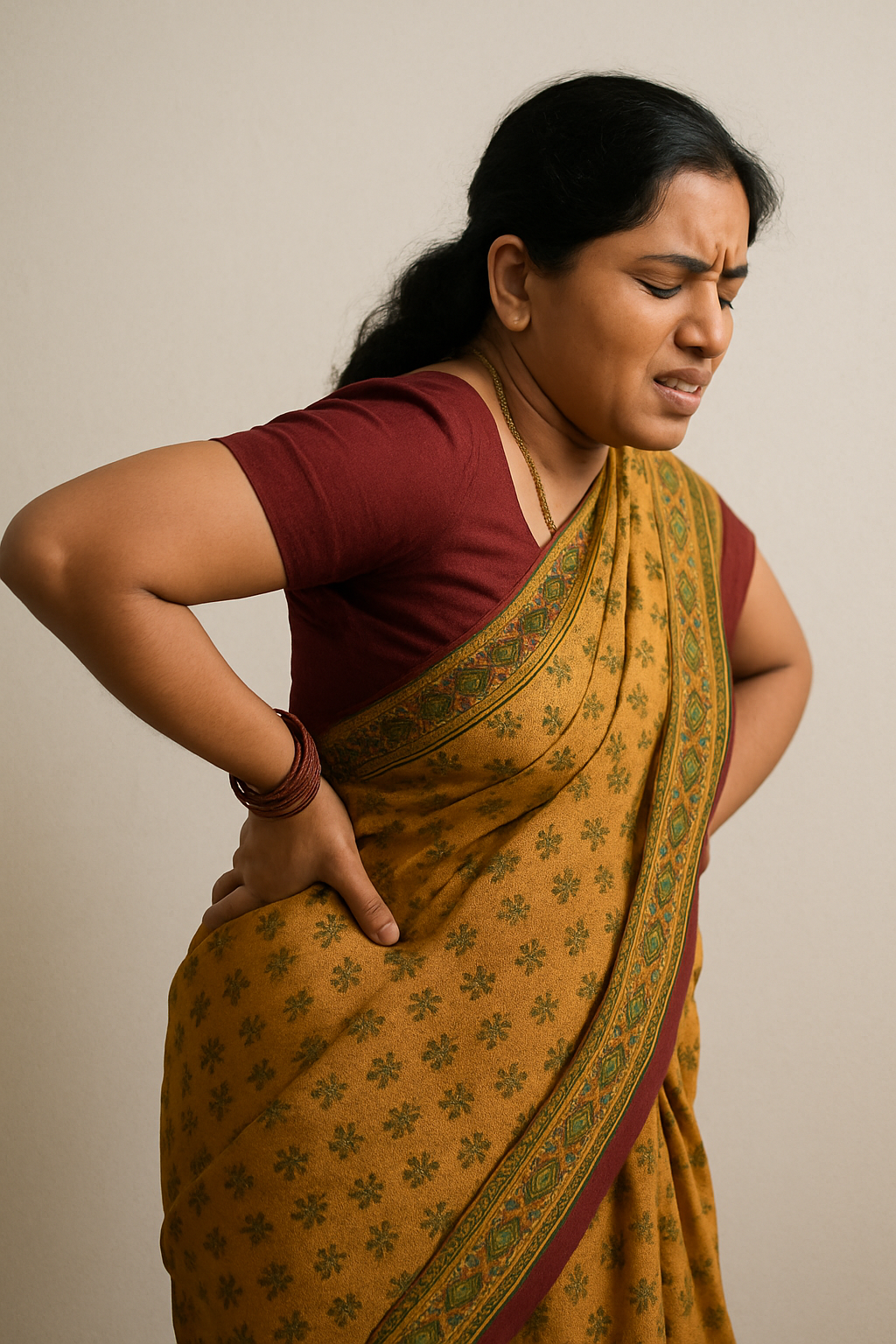 Indian woman in saree clutching her lower back in pain, indicating lower back discomfort