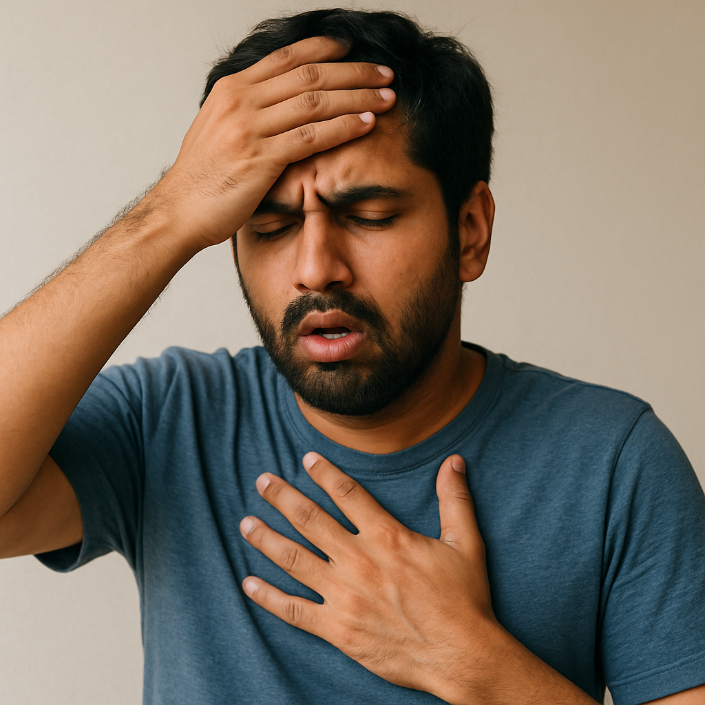 South Asian man in his 30s holding his forehead and chest, showing signs of fever and breathing trouble
