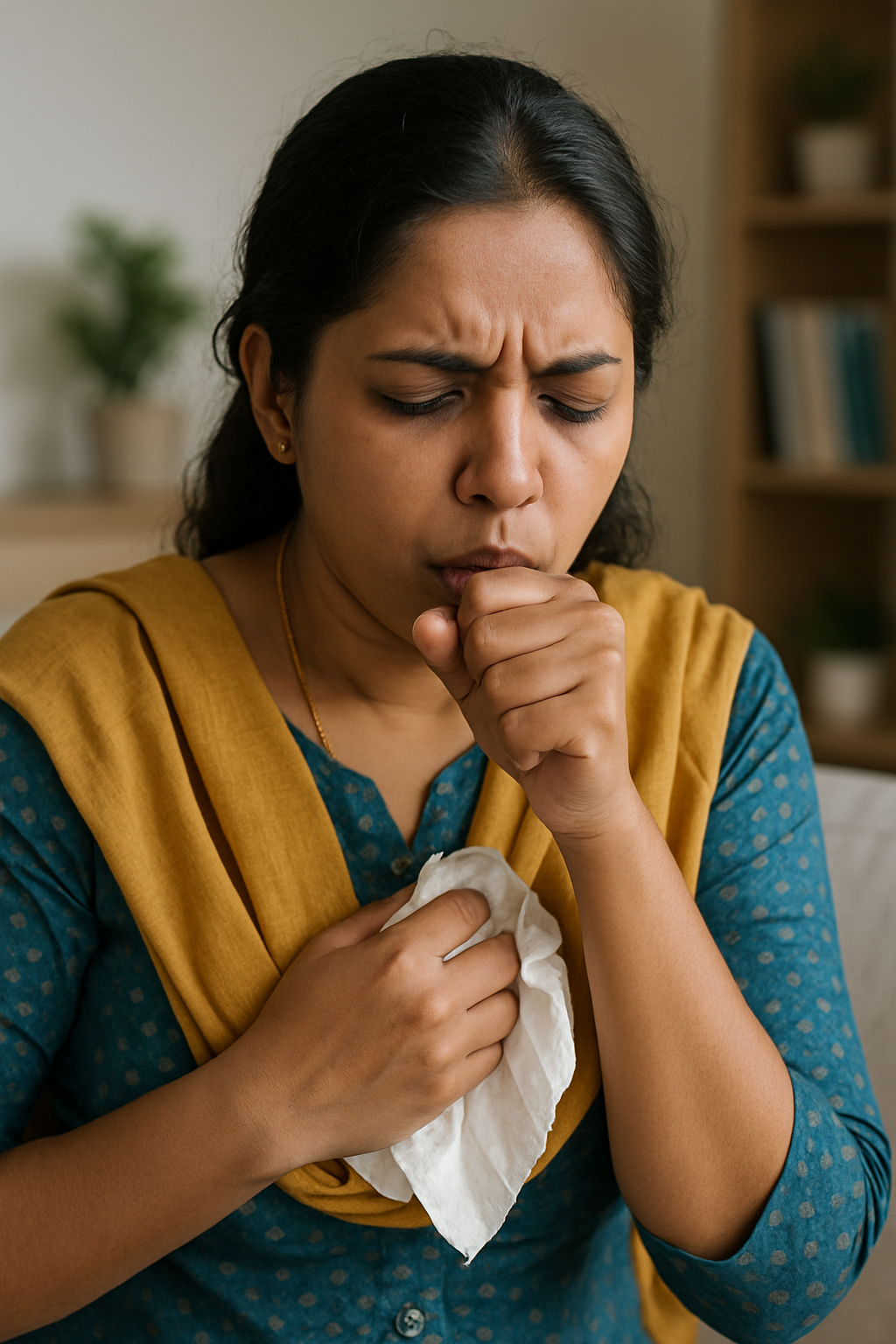 A young Indian woman in traditional dress coughing and holding a tissue while sitting at home.