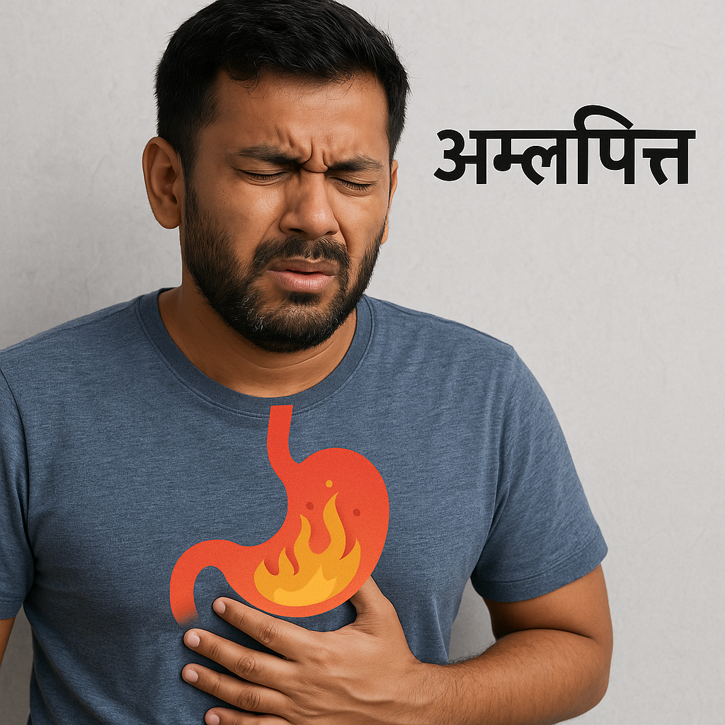 South Asian man experiencing acid reflux holding his chest with pain, symbol of burning stomach on his shirt, Hindi text अम्लपित्त on wal