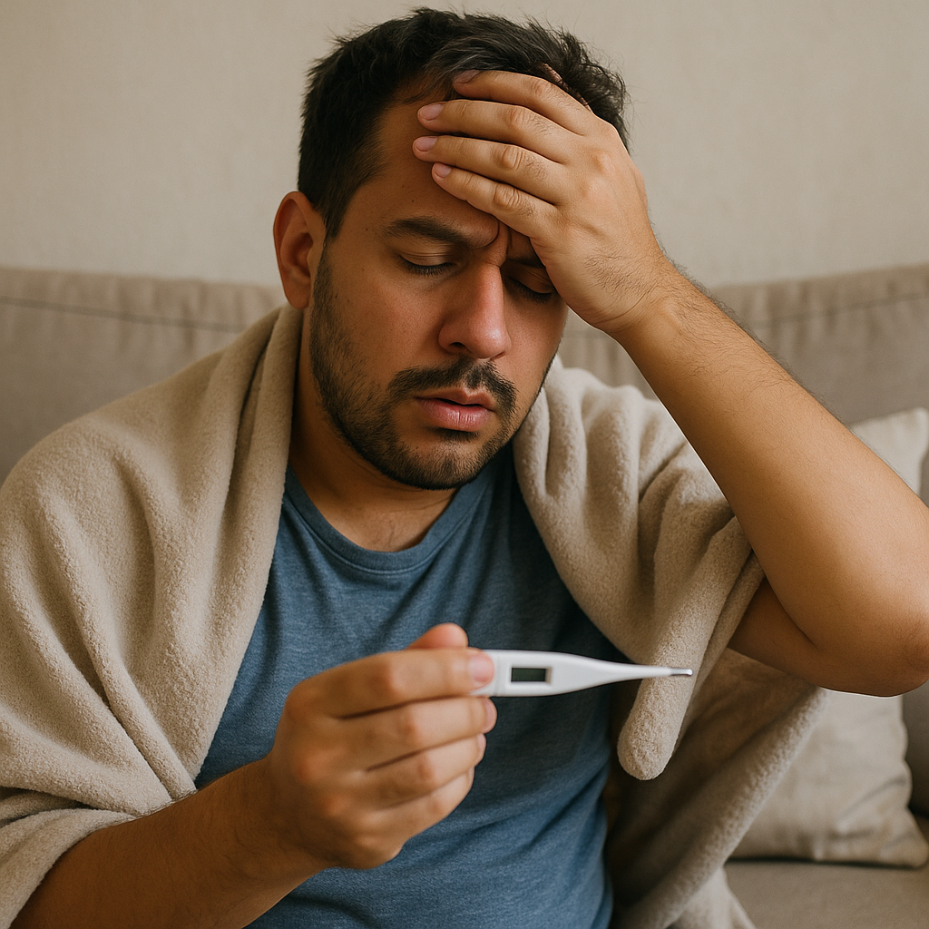 Man with a fever sitting on a couch, wrapped in a blanket, holding a thermometer and touching his forehead.