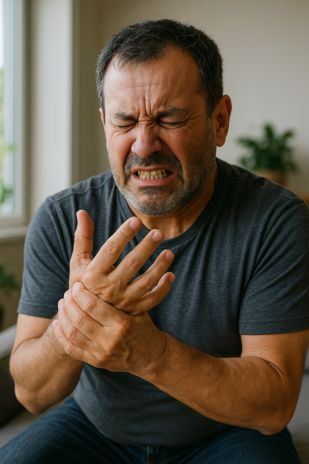 Middle-aged man with Amavata gripping his painful hand, showing signs of joint inflammation and arthritis symptoms.