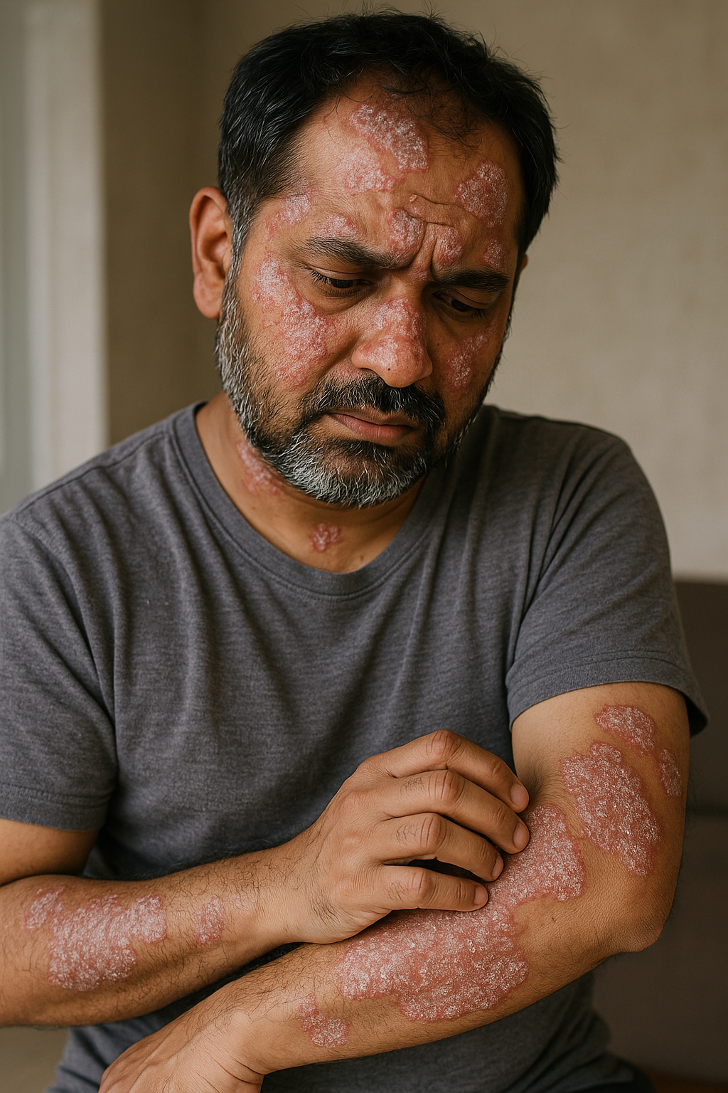 Middle-aged man with psoriasis showing red, scaly patches on his face, neck, and arms, looking down with a pained expression indoors.