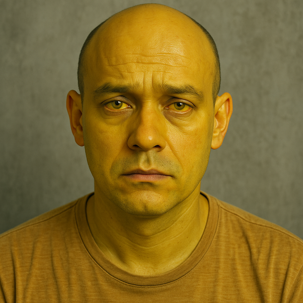 Close-up portrait of a man showing jaundice symptoms with yellow-tinted skin and eyes