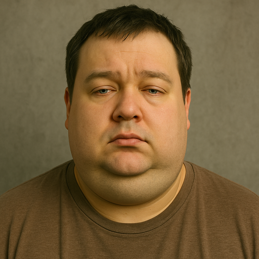 Close-up portrait of a man showing signs of hypothyroidism including puffy face, tired expression, and weight gain