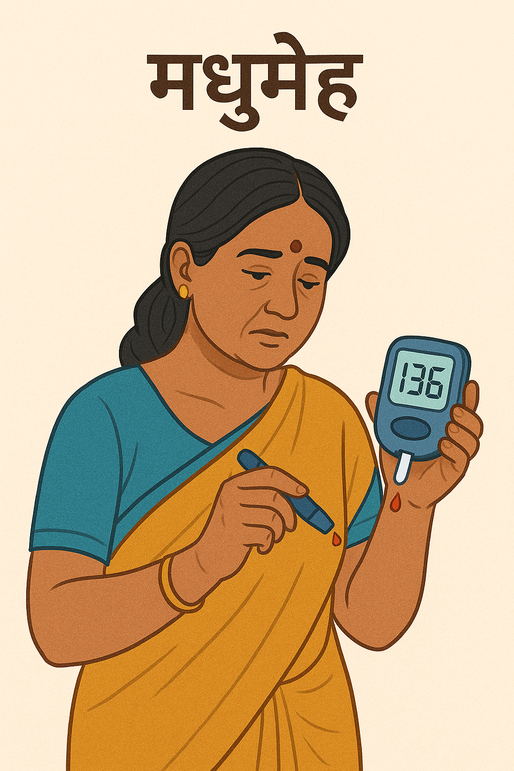 An Indian woman in a saree checking her blood sugar with a glucometer, displaying a reading of 136, symbolizing diabetes awareness.