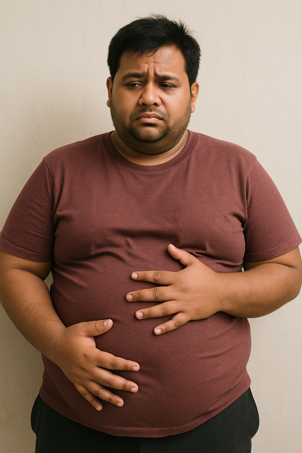 Overweight man in a maroon t-shirt holding his stomach with a worried expression.