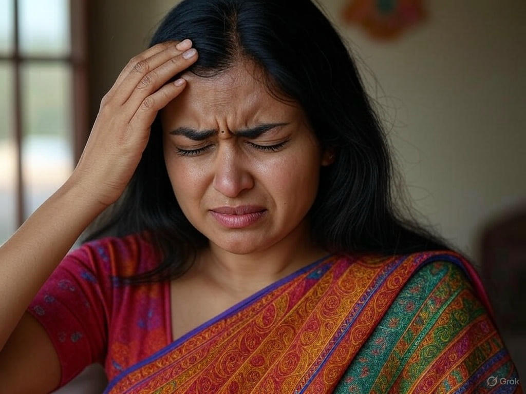 भारतीय महिला रंगीन साड़ी में माइग्रेन (आधा सीसी) से परेशान, माथा पकड़े हुए, आधा सीसी का घरेलू इलाज के लिए उपाय, पारंपरिक घरेलू पृष्ठभूमि।