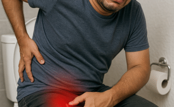 A man sitting on a toilet, showing severe discomfort due to anal fissure and fistula-in-ano, holding his lower back and groin area in pain