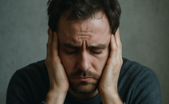 A sad man holding his head in distress, symbolizing depression and emotional pain.