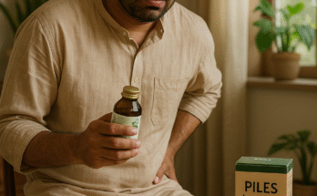Indian man in beige kurta sitting on a chair, holding a bottle of Ayurvedic medicine with a concerned expression, next to a box labeled "Piles Ayurvedic Treatment"