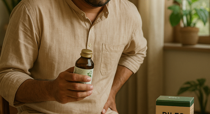 Indian man in beige kurta sitting on a chair, holding a bottle of Ayurvedic medicine with a concerned expression, next to a box labeled "Piles Ayurvedic Treatment"
