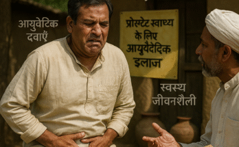 मूत्राशयिता से पीड़ित एक भारतीय व्यक्ति, आयुर्वेदिक वैद्य से सलाह लेते हुए, देसी परिवेश में प्रोस्टेट स्वास्थ्य की समस्या को दर्शाता चित्र