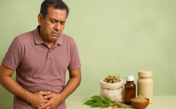 Middle-aged Indian man holding his lower abdomen, depicting urinary problems from benign prostatic hyperplasia (BPH), with Ayurvedic herbs and medicines beside him