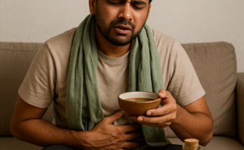 Indian man suffering from diarrhea and stomach pain holding herbal remedy with Ayurvedic ingredients on table
