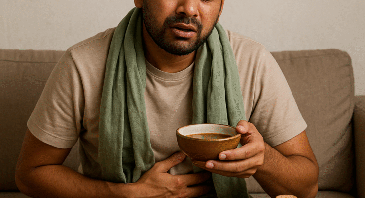 Indian man suffering from diarrhea and stomach pain holding herbal remedy with Ayurvedic ingredients on table