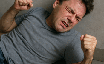 An Indian man having an epileptic seizure on the floor, showing facial distress and clenched fists