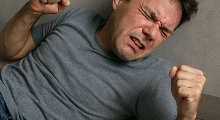 An Indian man having an epileptic seizure on the floor, showing facial distress and clenched fists