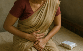 Indian woman in a simple saree sitting on a wooden bed, holding her abdomen with a pained expression, depicting menstrual cramps in a rural setting