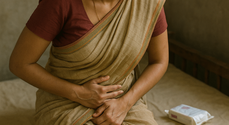 Indian woman in a simple saree sitting on a wooden bed, holding her abdomen with a pained expression, depicting menstrual cramps in a rural setting